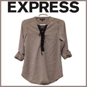 EXPRESS Lavender Gray Denim Lace Up Tie Front Shirt: Long Sleeve, Small
